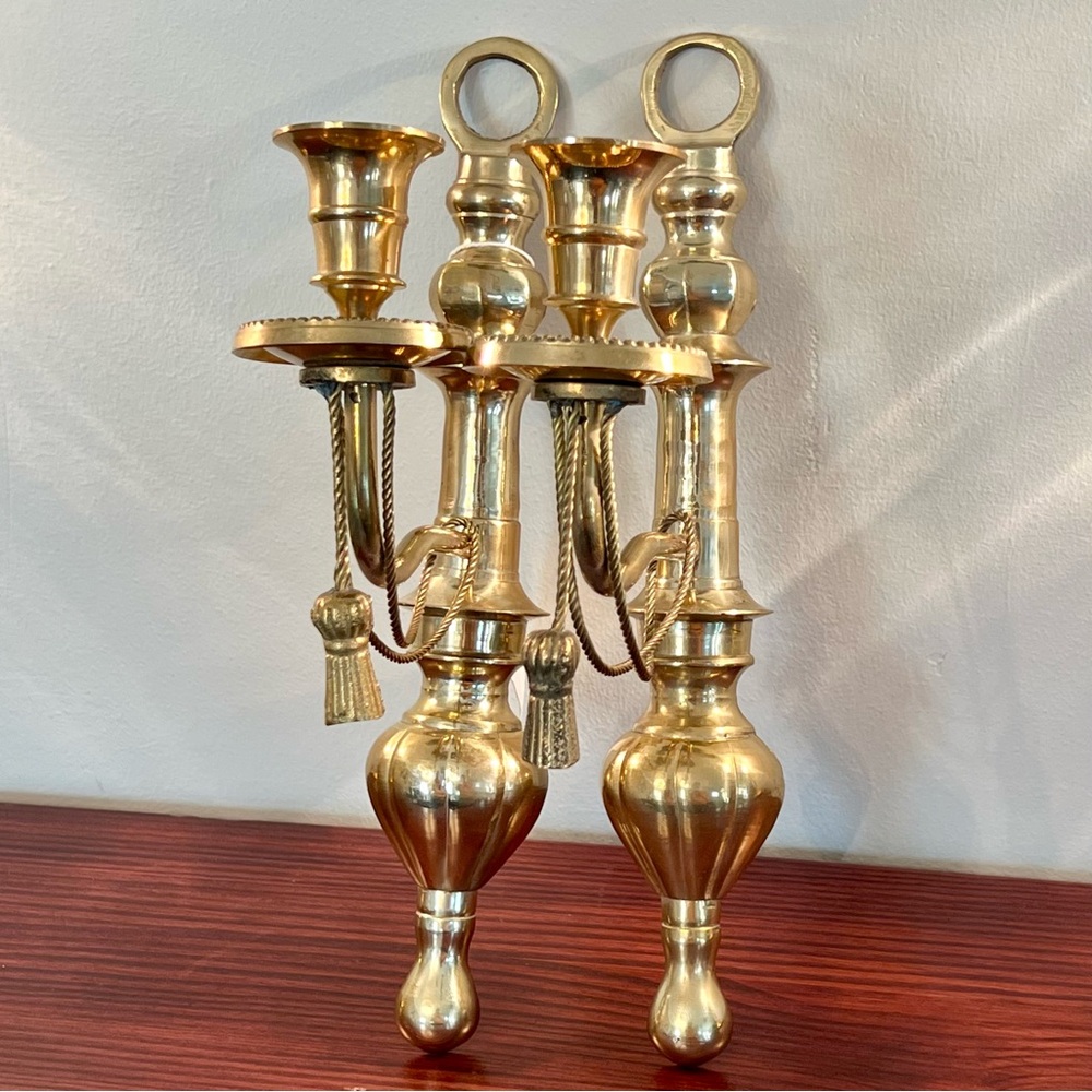 Brass Rope Tassel Candle Sconces Pair Wall Vintage India 1990s Handmade 12"